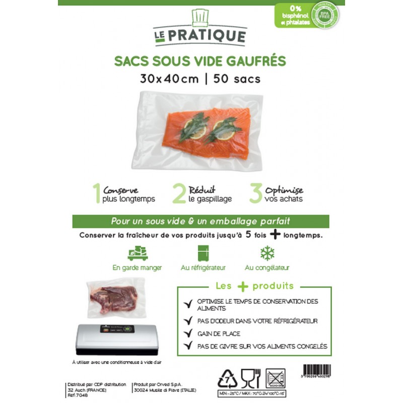 SACS SOUS VIDE GAUFRES 30 X 40 CM - POCHE DE 50 SACS - LE PRATIQUE